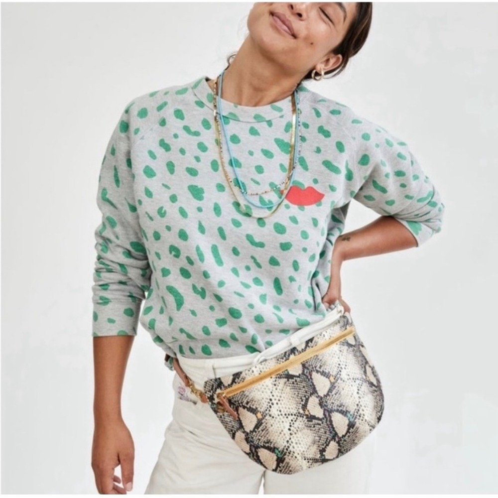 Clare V Light Grey Mint Opal Jaguar Poppy Lips Sweatshirt S Preppy Designer